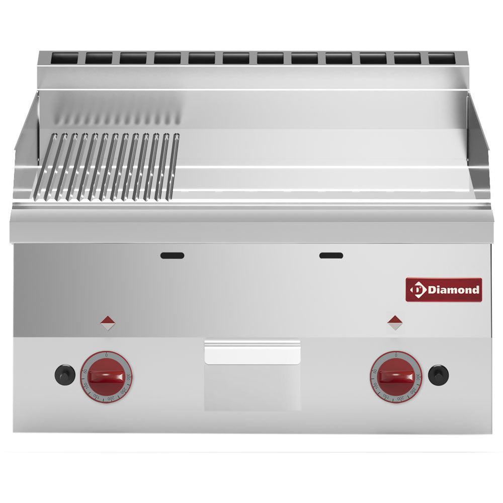 Grillplatta, gas, 2/3 platt och 1/3 ribbad "krom"-överdel.