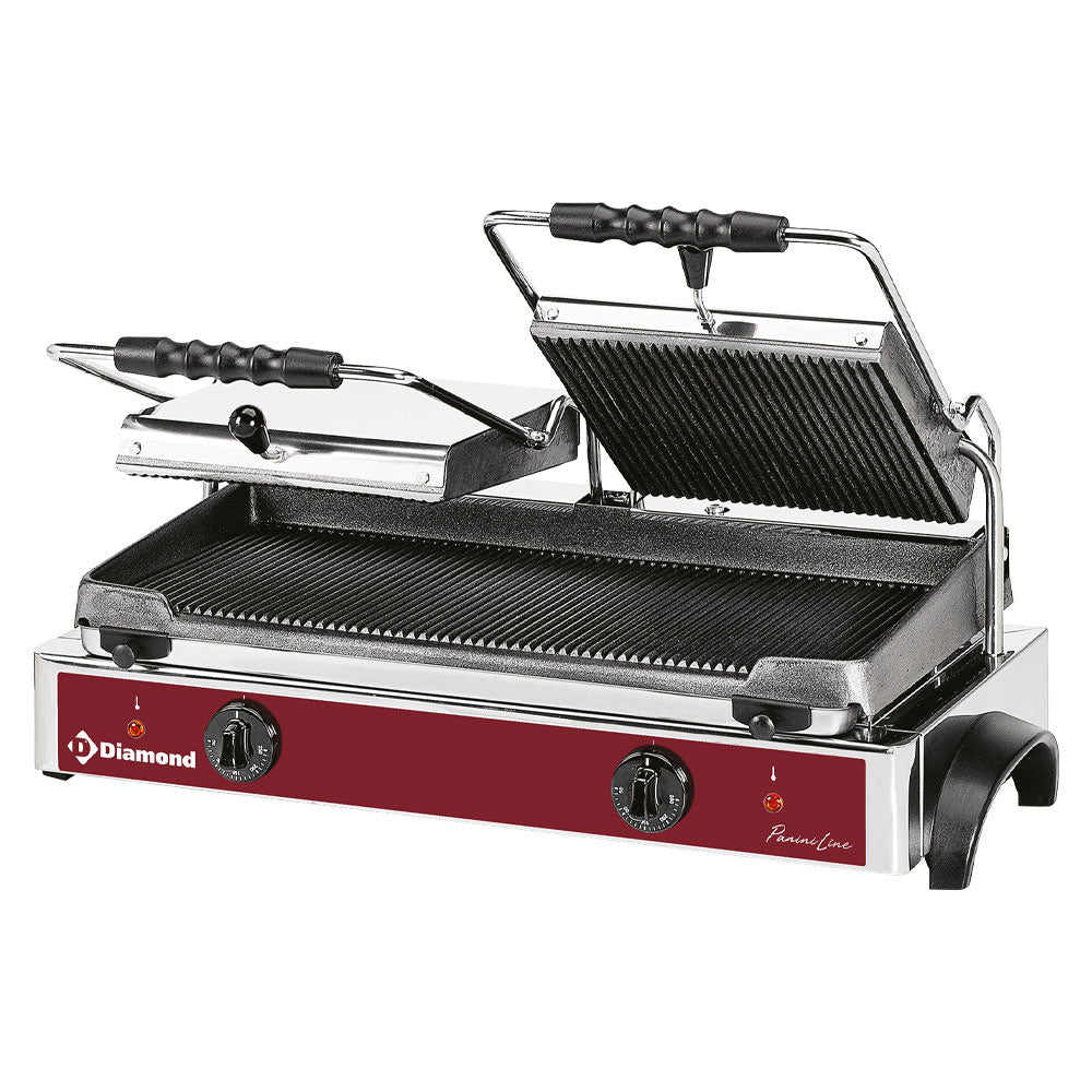 Elektrisk panini grill DUBBEL, räfflade tallrikar