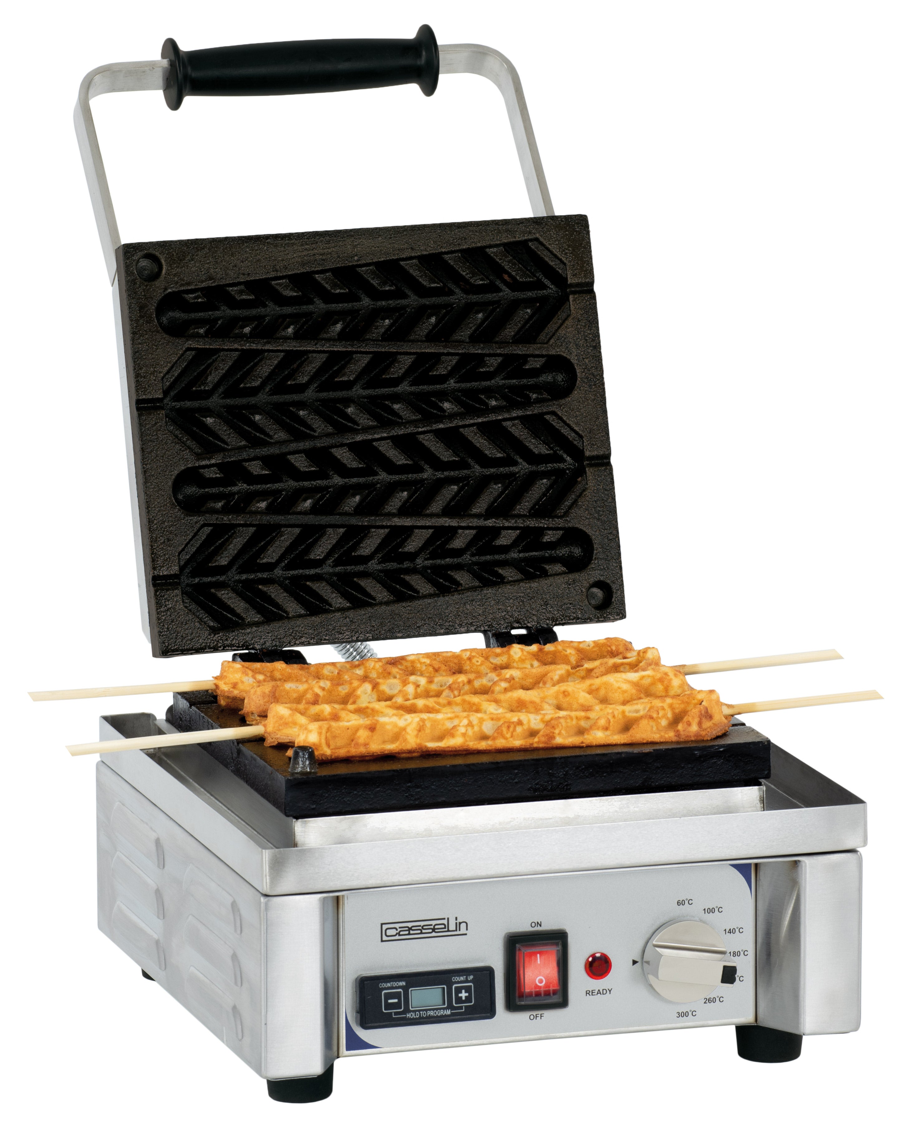 "On stick" vaffeljärn med enkel 90° öppning