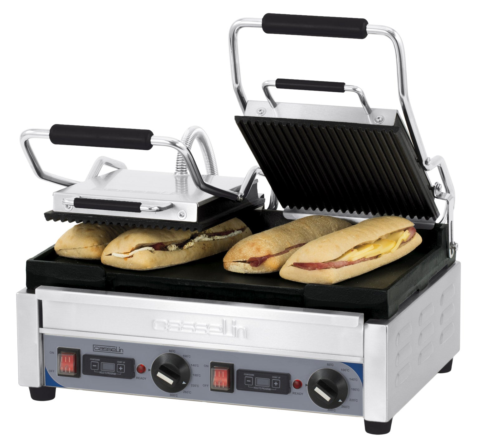 Dubbelkontaktgrill Premium rillet - slät med timer