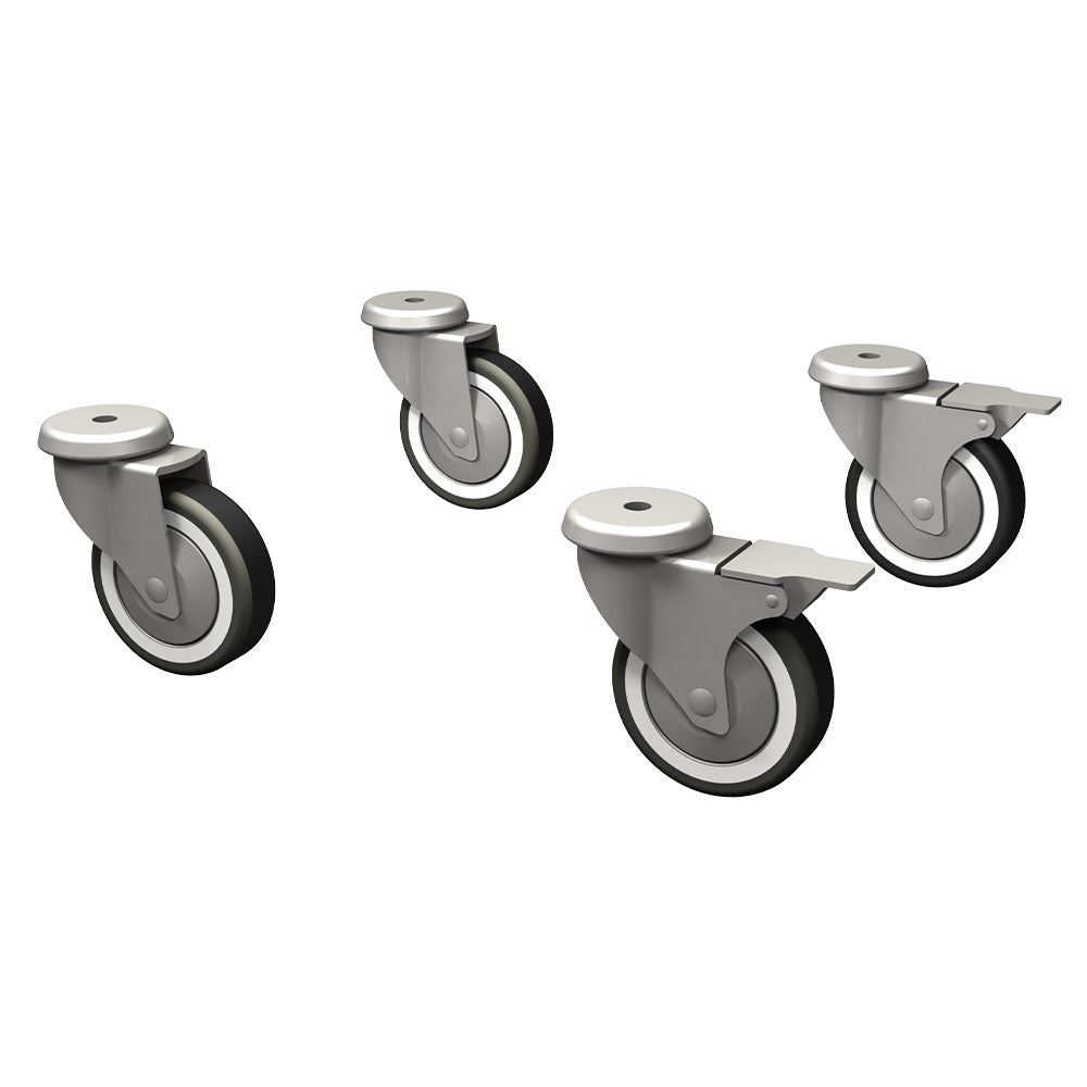 Sats med 4 "galvaniserade" hjul med svängfunktion, 2 med broms.