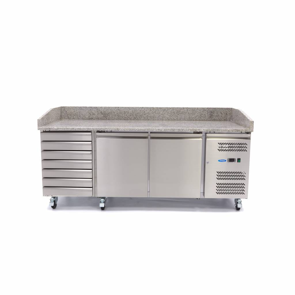 Kylbord / pizzabänk - 202 cm - 2 dörrar - Passar 5 x 1/6 GN - 7 lådor