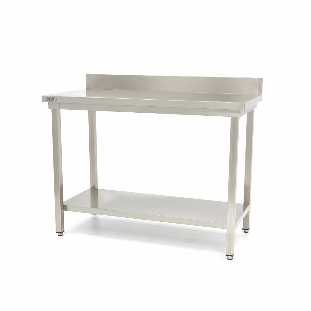 Bord i rostfritt stål - 140 x 60 cm - Justerbar höjd - med bakplatta och förvaringshylla
