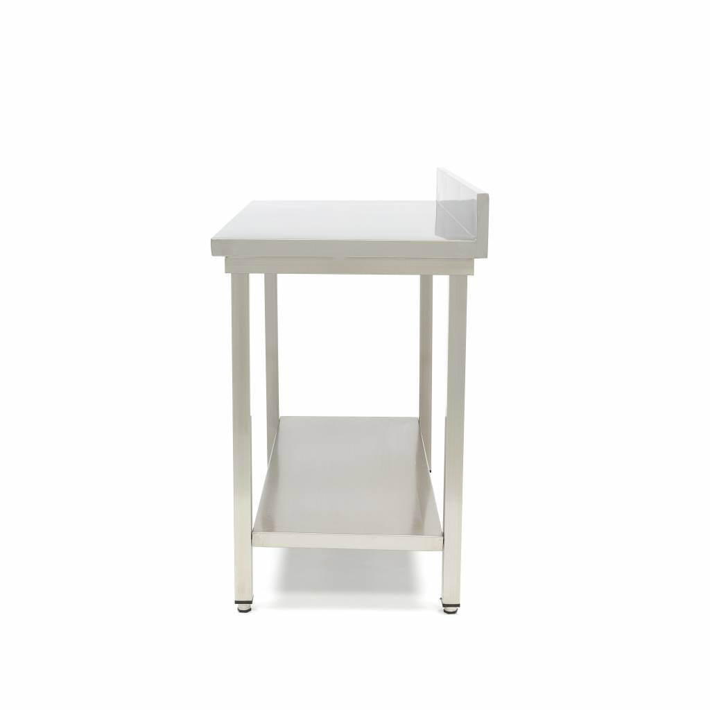 Bord i rostfritt stål - 160 x 60 cm - Justerbar höjd - med bakplatta och förvaringshylla