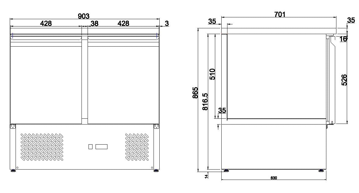Kylbord 2 dörrar - 257 liter - 700 mm djup